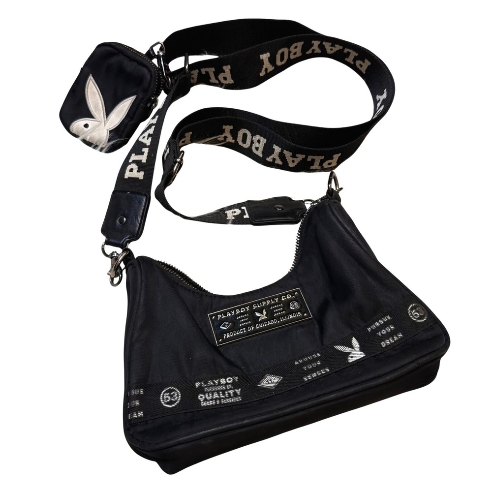 Playboy Womens Y2K Multi-Pochette Bunny Streetwear Crossbody Bag w/ Pouch Black